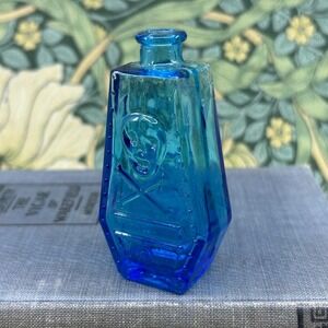 Vintage Blue Wheaton RIP Bottle Coffin Glass Poison Bottle Skull & Crossbones